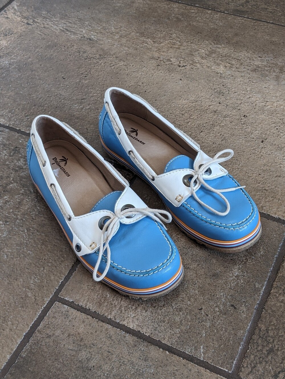 Dromedaris Leather Striped Detail Colorful Lace Up Comfy Boat Shoes Size 38